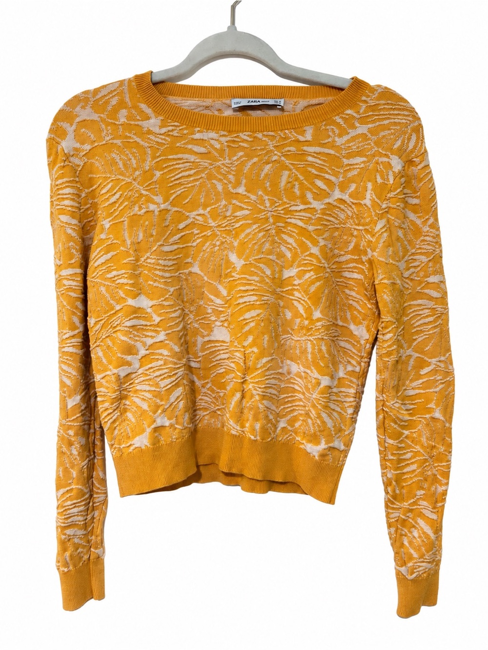 Zara Knit Mustard Yellow Monstera Tropical Leaf Jacquard Sweater
